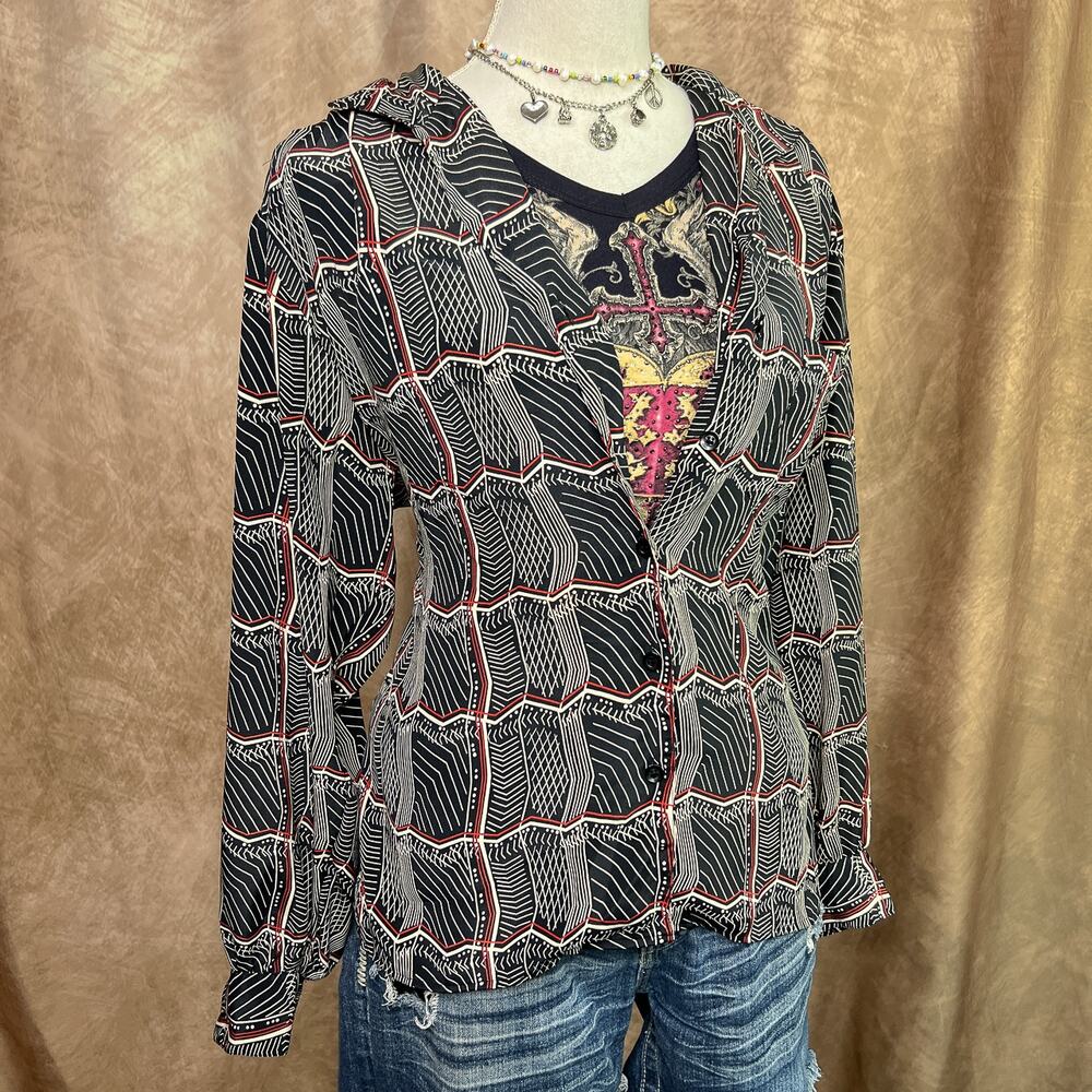 Geometric Print Button Up Shirt Vintage 80s Abstract Graphic Blouse Retro Skater